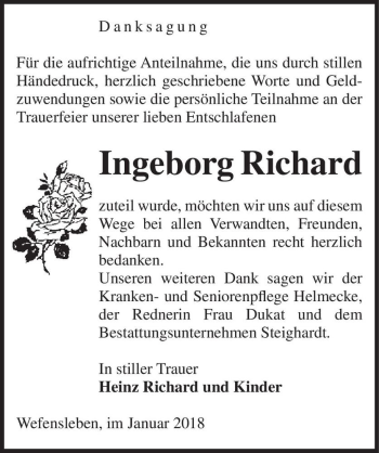 Traueranzeige von Ingeborg Richard  von Magdeburger Volksstimme
