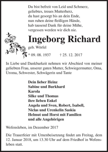 Traueranzeige von Ingeborg Richard (geb. Wörfel)  von Magdeburger Volksstimme