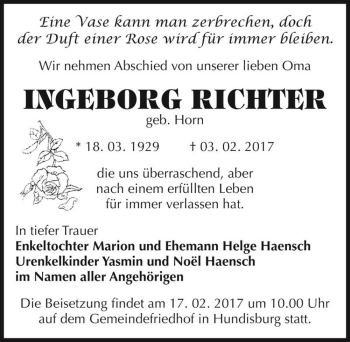 Traueranzeige von Ingeborg Richter (geb. Horn)  von Magdeburger Volksstimme