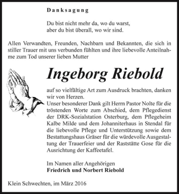 Traueranzeige von Ingeborg Riebold  von Magdeburger Volksstimme