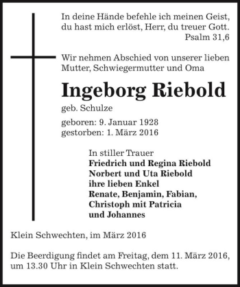 Traueranzeige von Ingeborg Riebold (geb. Schulze)  von Magdeburger Volksstimme