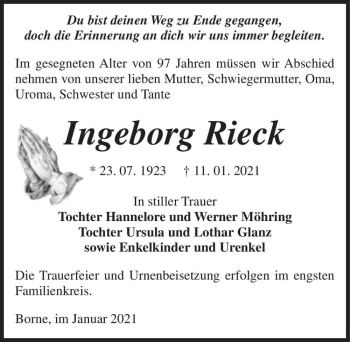 Traueranzeige von Ingeborg Rieck  von Magdeburger Volksstimme