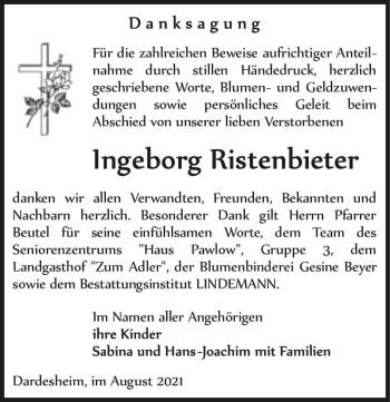 Traueranzeige von Ingeborg Riestenbieter  von Magdeburger Volksstimme