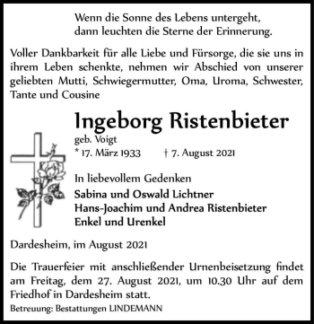 Traueranzeige von Ingeborg Riestenbieter (geb. Voigt)  von Magdeburger Volksstimme