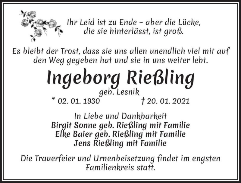  Traueranzeige für Ingeborg Rießling (geb. Lesnik)  vom 30.01.2021 aus Magdeburger Volksstimme