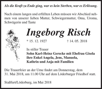 Traueranzeige von Ingeborg Risch  von Magdeburger Volksstimme