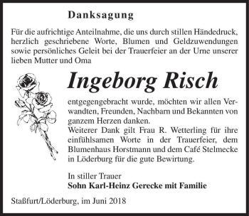 Traueranzeige von Ingeborg Risch  von Magdeburger Volksstimme