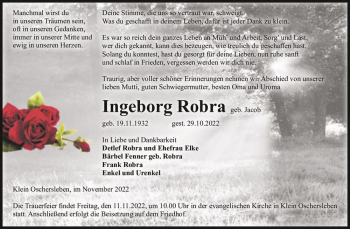 Traueranzeige von Ingeborg Robra (geb. Jacob)  von Magdeburger Volksstimme
