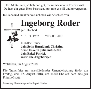 Traueranzeige von Ingeborg Roder (geb. Dobbert)  von Magdeburger Volksstimme