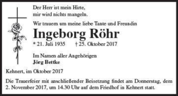 Traueranzeige von Ingeborg Röhr  von Magdeburger Volksstimme