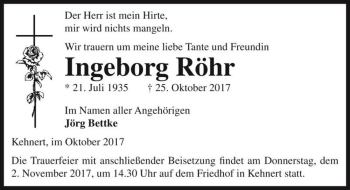 Traueranzeige von Ingeborg Röhr  von Magdeburger Volksstimme