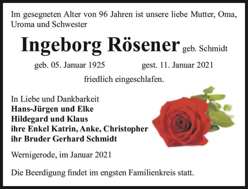  Traueranzeige für Ingeborg Rösener (geb. Schmidt)  vom 16.01.2021 aus Magdeburger Volksstimme