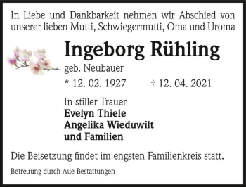 Traueranzeige von Ingeborg Rühling (geb. Neubauer)  von Magdeburger Volksstimme