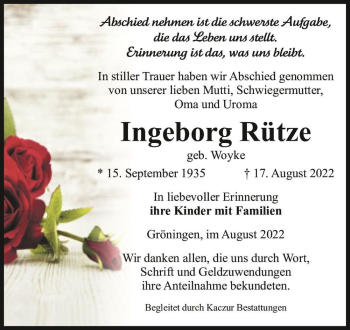 Traueranzeige von Ingeborg Rütze (geb. Woyke)  von Magdeburger Volksstimme
