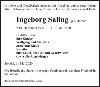 Traueranzeige von Ingeborg Sailing (geb. Börner)  von Magdeburger Volksstimme