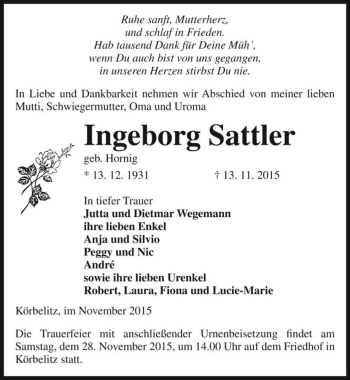 Traueranzeige von Ingeborg Sattler (geb. Hornig)  von Magdeburger Volksstimme