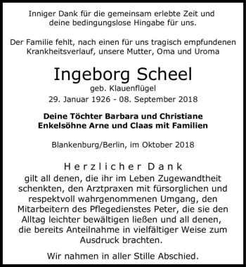 Traueranzeige von Ingeborg Scheel (geb. Klauenflügel)  von Magdeburger Volksstimme