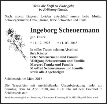 Traueranzeige von Ingeborg Scheuermann (geb. Faster)  von Magdeburger Volksstimme