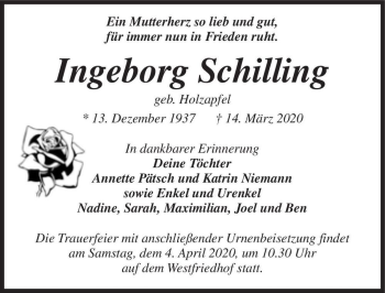 Traueranzeige von Ingeborg Schilling (geb. Holzapfel)  von Magdeburger Volksstimme