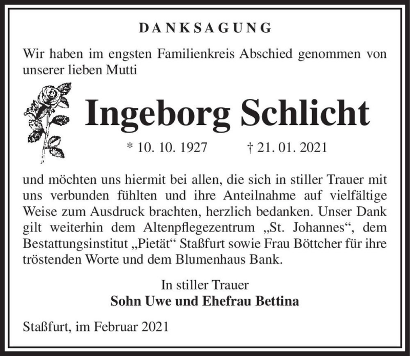  Traueranzeige für Ingeborg Schlicht  vom 13.02.2021 aus Magdeburger Volksstimme