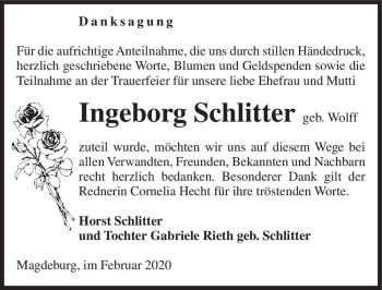 Traueranzeige von Ingeborg Schlitter (geb. Wolff)  von Magdeburger Volksstimme