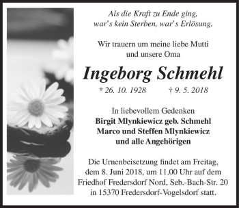 Traueranzeige von Ingeborg Schmehl  von Magdeburger Volksstimme