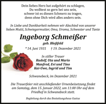 Traueranzeige von Ingeborg Schmeißer (geb. Bloßfeld)  von Magdeburger Volksstimme