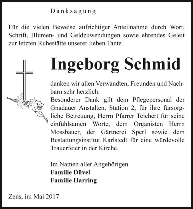  Traueranzeige für Ingeborg Schmid  vom 13.05.2017 aus Magdeburger Volksstimme