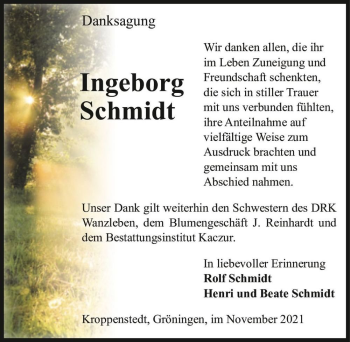 Traueranzeige von Ingeborg Schmidt  von Magdeburger Volksstimme