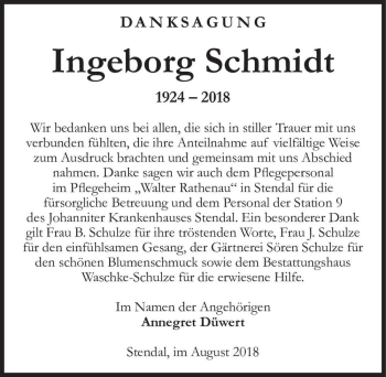Traueranzeige von Ingeborg Schmidt  von Magdeburger Volksstimme