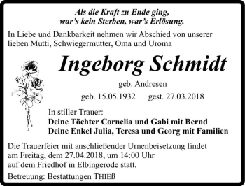 Traueranzeige von Ingeborg Schmidt (geb. Andresen)  von Magdeburger Volksstimme