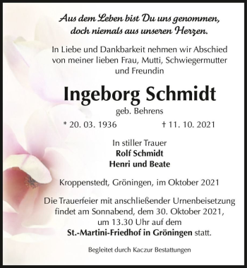 Traueranzeige von Ingeborg Schmidt (geb. Behrens)  von Magdeburger Volksstimme