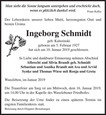 Traueranzeige von Ingeborg Schmidt (geb. Kaluzinski )  von Magdeburger Volksstimme