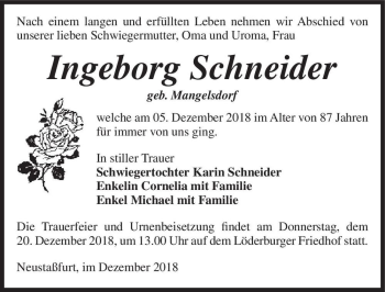 Traueranzeige von Ingeborg Schneider (geb. Mangelsdorf)  von Magdeburger Volksstimme