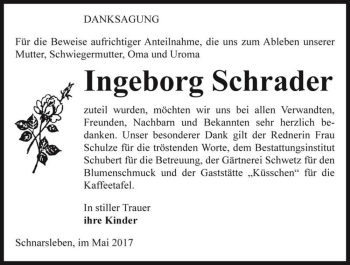Traueranzeige von Ingeborg Schrader  von Magdeburger Volksstimme