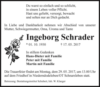 Traueranzeige von Ingeborg Schrader  von Magdeburger Volksstimme