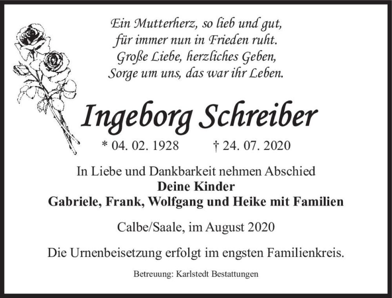 Traueranzeige für Ingeborg Schreiber  vom 01.08.2020 aus Magdeburger Volksstimme
