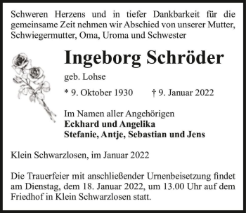 Traueranzeige von Ingeborg Schröder (geb. Lohse)  von Magdeburger Volksstimme