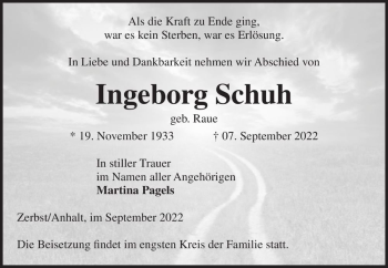 Traueranzeige von Ingeborg Schuh (geb. Raue)  von Magdeburger Volksstimme