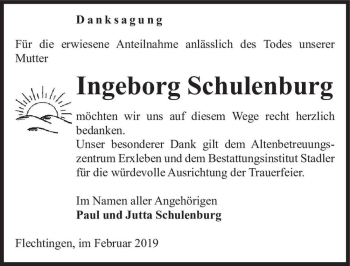 Traueranzeige von Ingeborg Schulenburg  von Magdeburger Volksstimme