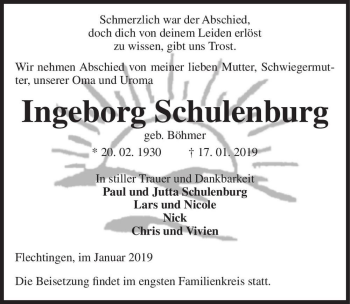 Traueranzeige von Ingeborg Schulenburg (geb. Böhmer)  von Magdeburger Volksstimme