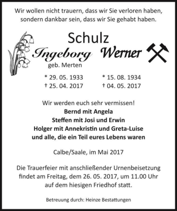 Traueranzeige von Ingeborg Schulz (geb. Merten)  von Magdeburger Volksstimme