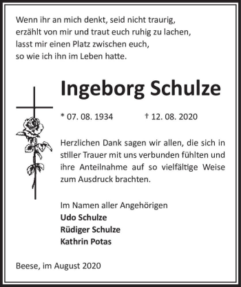 Traueranzeige von Ingeborg Schulze  von Magdeburger Volksstimme