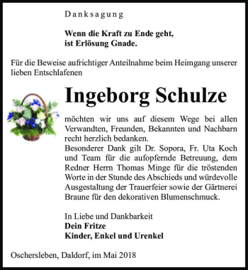 Traueranzeige von Ingeborg Schulze  von Magdeburger Volksstimme
