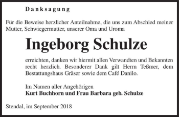 Traueranzeige von Ingeborg Schulze  von Magdeburger Volksstimme