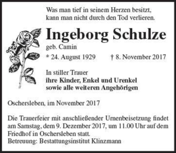 Traueranzeige von Ingeborg Schulze (geb. Camin)  von Magdeburger Volksstimme