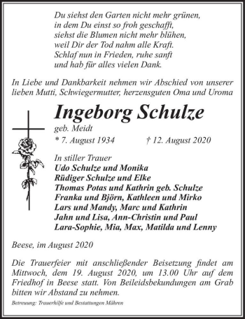 Traueranzeige von Ingeborg Schulze (geb. Meidt)  von Magdeburger Volksstimme
