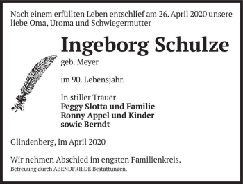 Traueranzeige von Ingeborg Schulze (geb. Meyer)  von Magdeburger Volksstimme