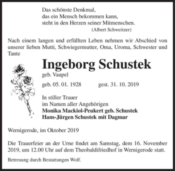 Traueranzeige von Ingeborg Schustek (geb. Vaupel)  von Magdeburger Volksstimme
