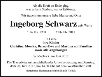 Traueranzeige von Ingeborg Schwarz (geb. Werra)  von Magdeburger Volksstimme